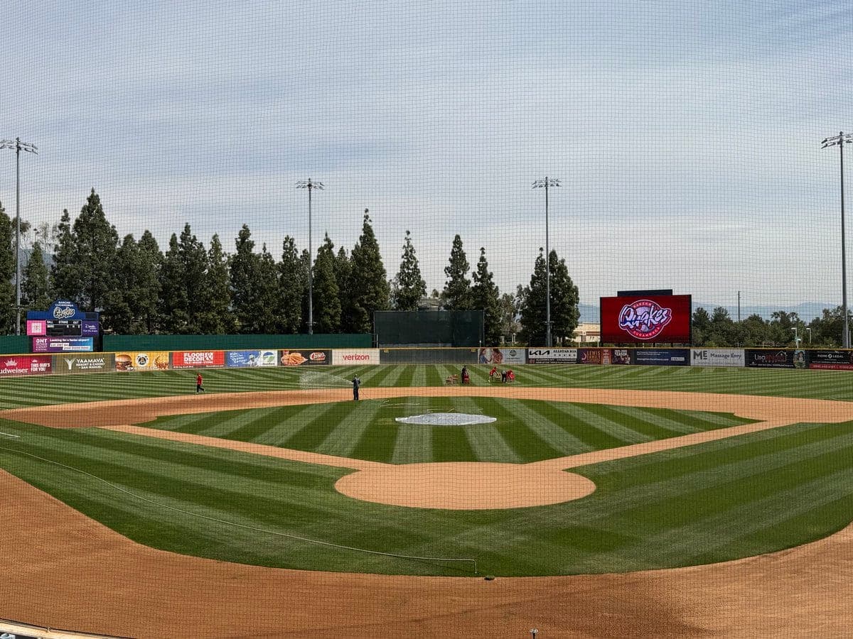 Morongo Field at The Epicenter rancho cucamongo Single-A baseball with San Gabriel Mountain views over the outfield.